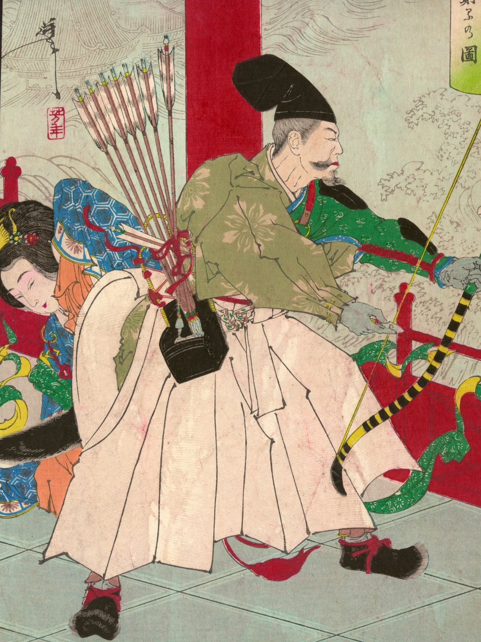 Watanabe no Tsuna, jousilla ja nuolilla, demoni Ibarakin palatsissa, pubissa. n.1880 (käsinvärinen puupalikka) tekijältä Tsukioka Yoshitoshi