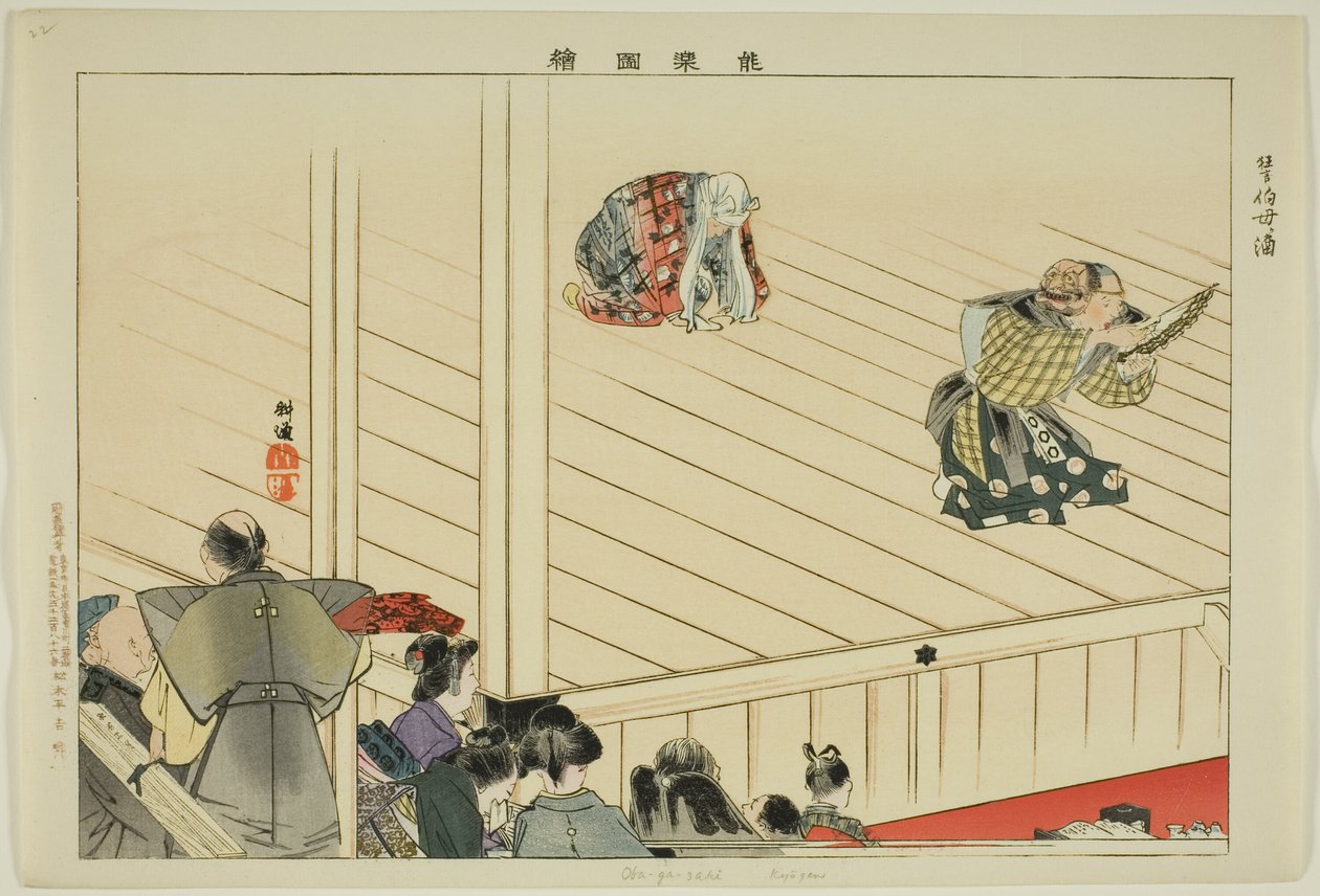 Oba-ga-zaki (Kyôgen), sarjasta "Pictures of No Performances (Nogaku Zue)" tekijältä Tsukioka Kogyo
