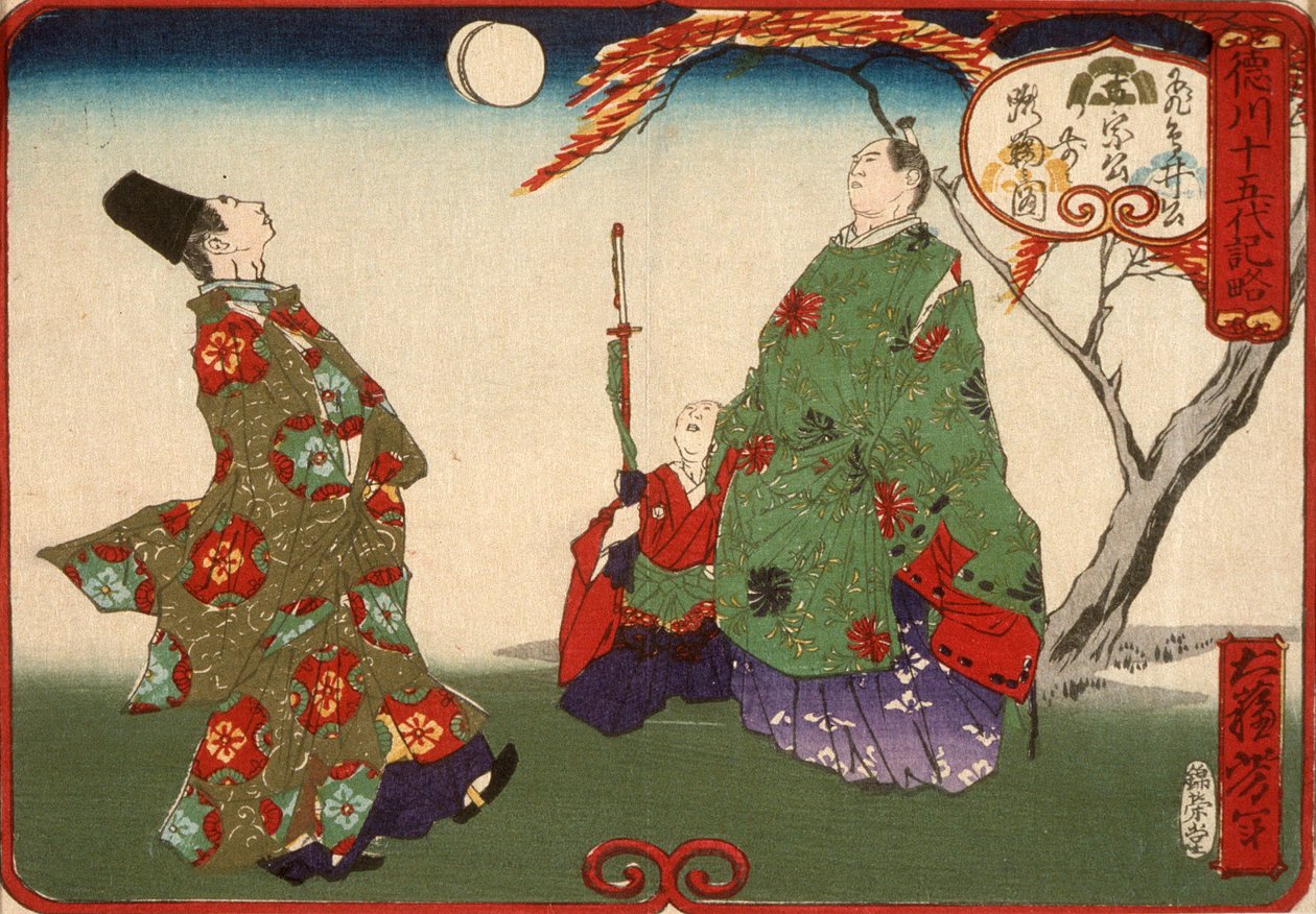 Asukai Masanori opettaa Tokugawa Yoshimunea pelaamaan kemaria tekijältä Tsukioka Yoshitoshi
