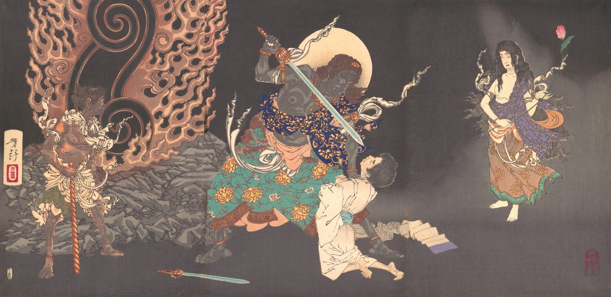 Fudo Myoo Threatening a Novice, 1885. tekijältä Tsukioka Yoshitoshi