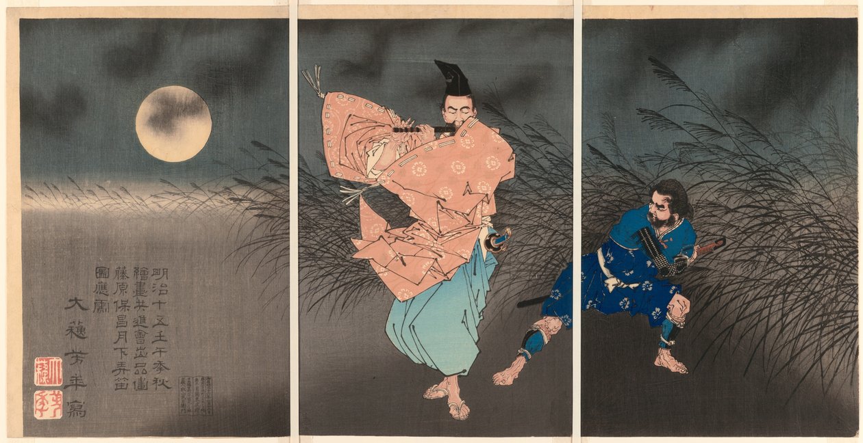 Fujiwara no Yasumasa soittaa huiluaan kuunvalossa tekijältä Tsukioka Yoshitoshi