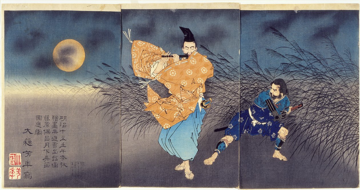 Fujiwara no Yasumasa soittaa huilua kuutamossa tekijältä Tsukioka Yoshitoshi