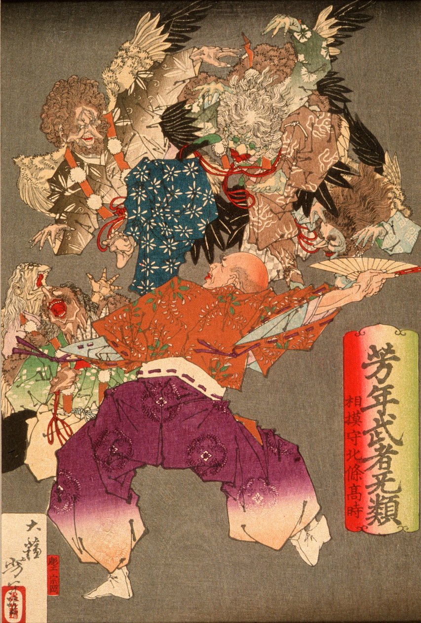 Sagamin hallitsija Hōjō Takatoki torjuu tengut viuhkallaan tekijältä Tsukioka Yoshitoshi