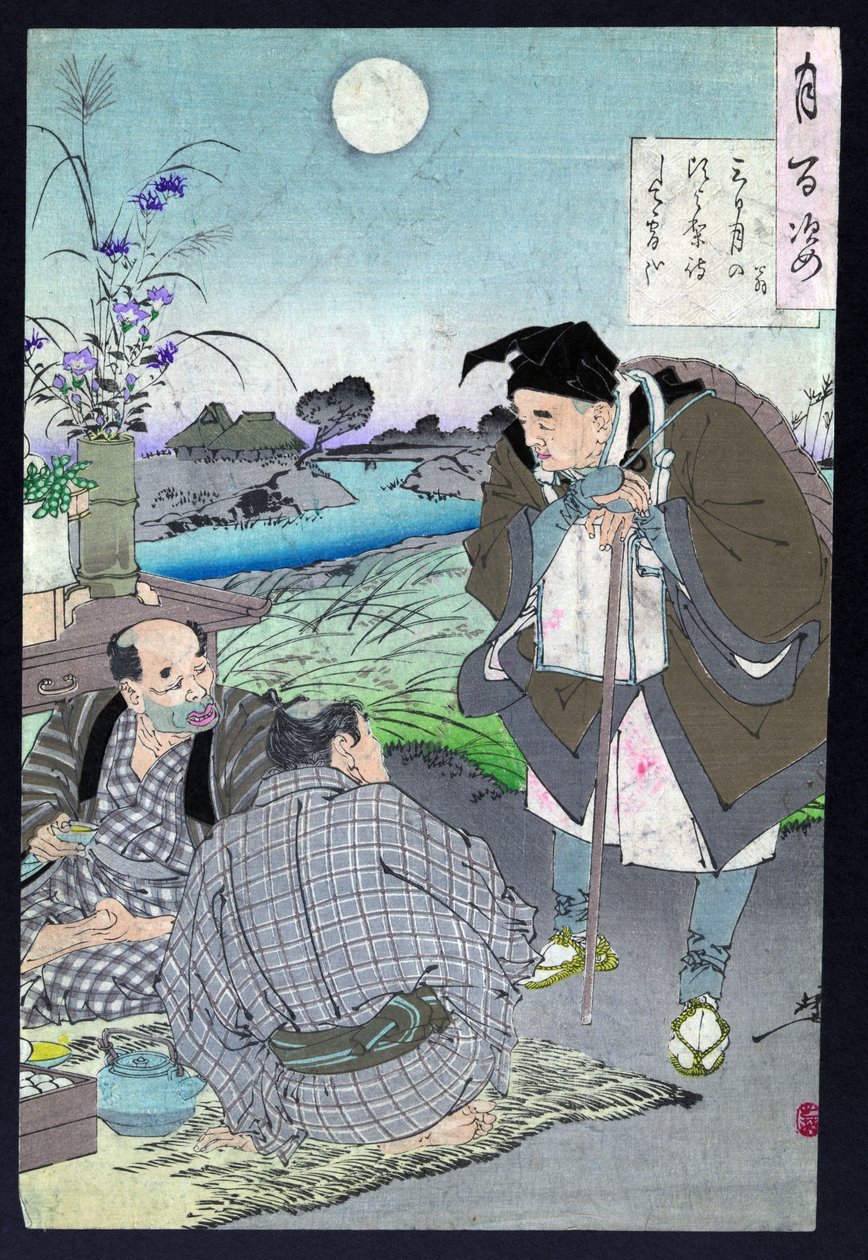 Japanilainen runoilija Basho Matsuo puhuu kahden miehen kanssa tekijältä Tsukioka Yoshitoshi