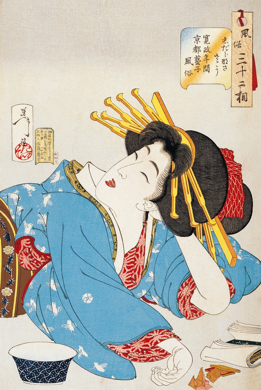 Rentoutumisen hetki, Kansei-ajan Geishan kasvot Kiotosta, Tsukioka Yoshitoshin (1839-1892) kuvitus 32 tapaa ja tapoja, Oban-tate-e puupiirros, 37,5 x 26 cm, japanilainen sivilisaatio tekijältä Tsukioka Yoshitoshi