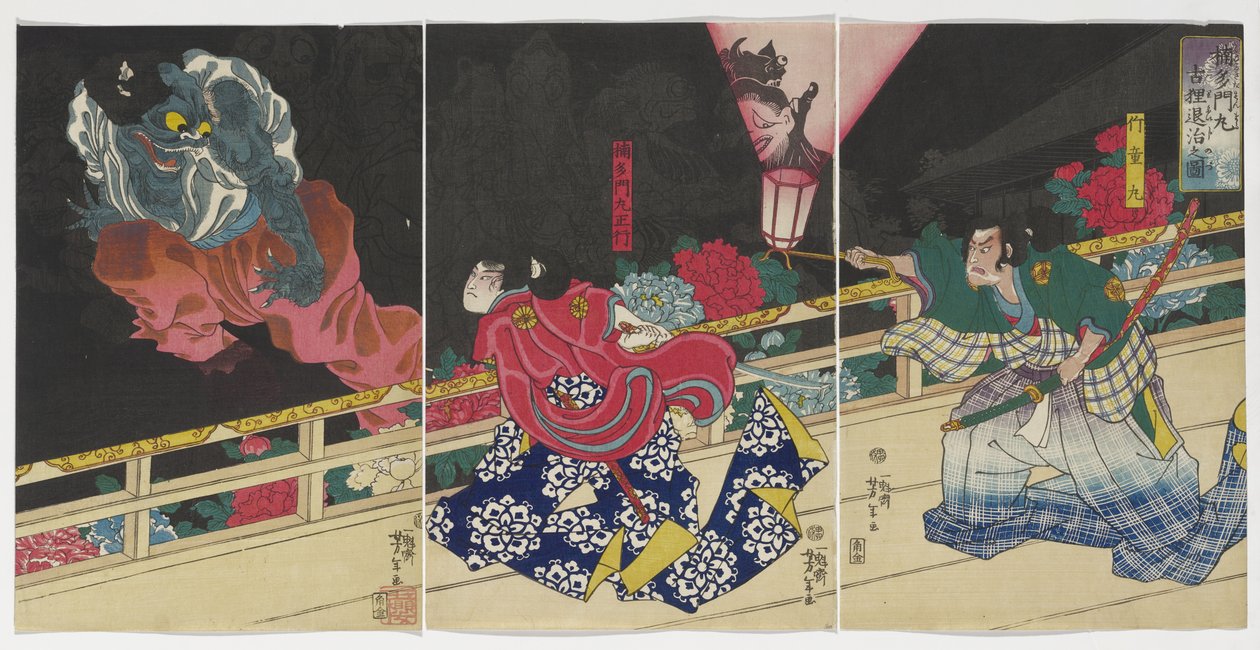 Kuva Kusunoki Tamonmarusta valloittamassa vanhaa mäyrää, 1860 tekijältä Tsukioka Yoshitoshi