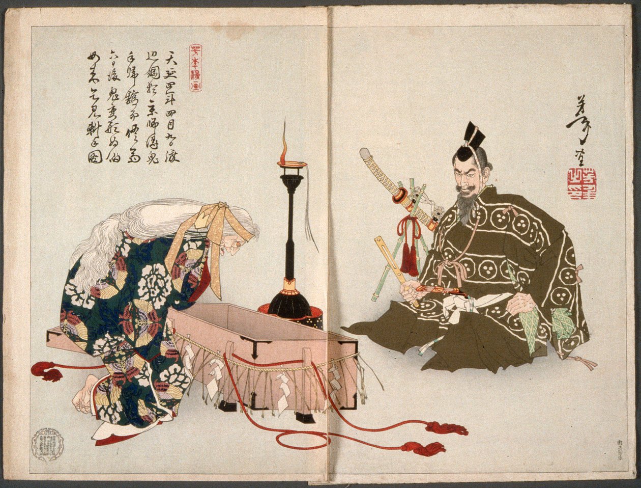 Rashōmonin demoni vierailee vanhaksi naiseksi naamioituneena Watanabe no Tsunan luona saadakseen irti leikatun käsivartensa takaisin tekijältä Tsukioka Yoshitoshi