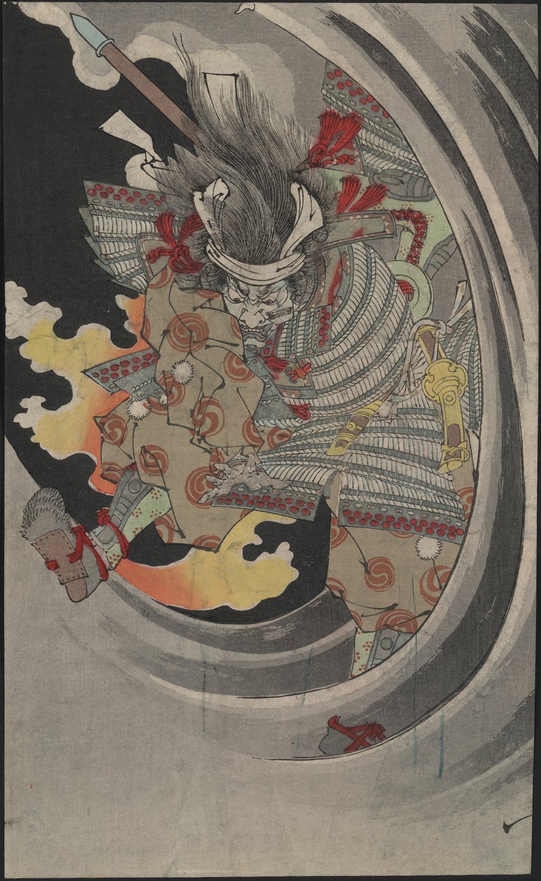Kenraali Taira no Tomomorin haamu törmäsi aaltojen läpi Nunobiki-vesiputouksella, 1889. tekijältä Tsukioka Yoshitoshi