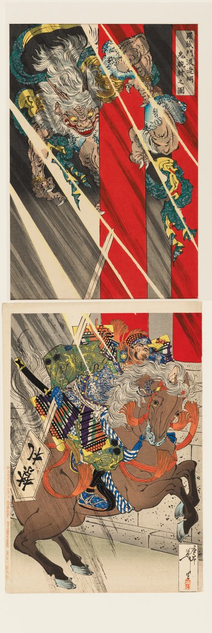 Watanabe no Tsuna katkaisee demonin käden Rashōmon-portilla... tekijältä Tsukioka Yoshitoshi