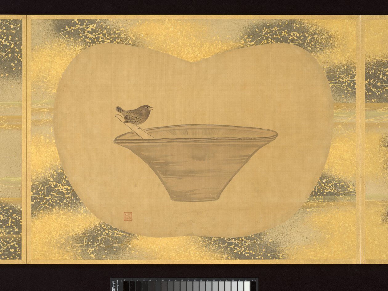 Albumi viuhkanmuotoisia maalauksia hahmoista, linnuista ja kukista. tekijältä Tsunenobu Kano