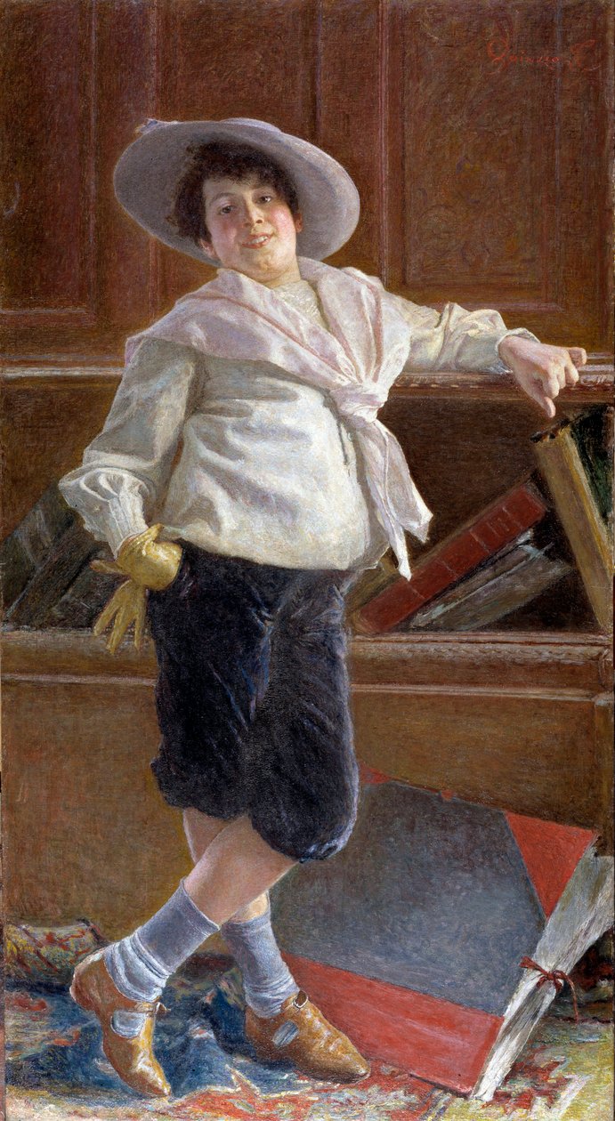 Muotokuva hymiöisestä pienestä pojasta merimieshaalari yllään Tullio Salvatore Quinzion (1858-1918) maalaus, koko 80x100 cm Genes, Galleria d