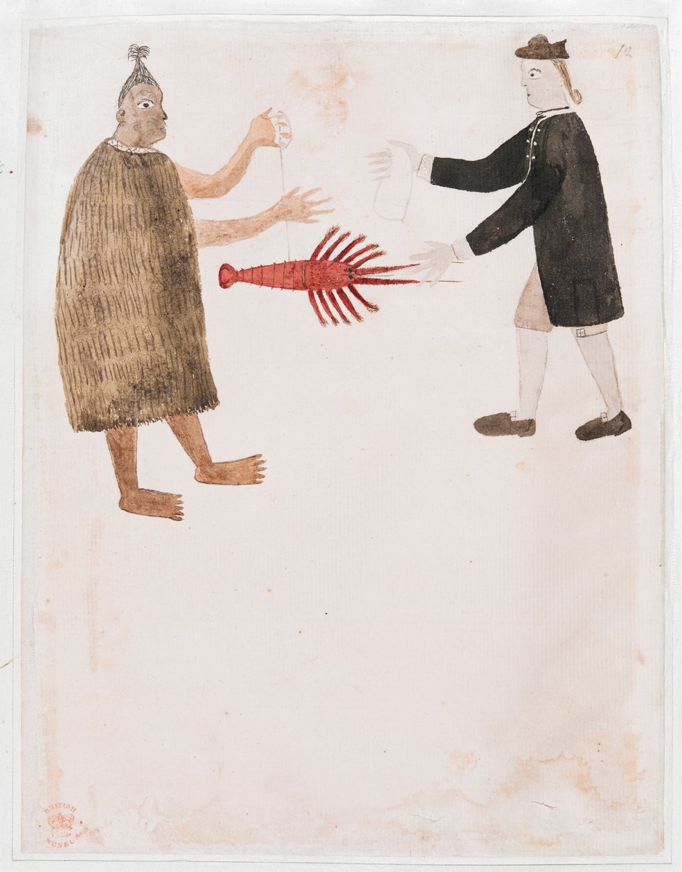 Lisää MS 15508 [Piirustus nro 12] Maori vaihtokaupassa rapuja englantilaisen merivoimien upseerin kanssa, "Piirrokset havainnollistavat kapteeni Cookin ensimmäistä matkaa" tekijältä Tupaia Tupaia