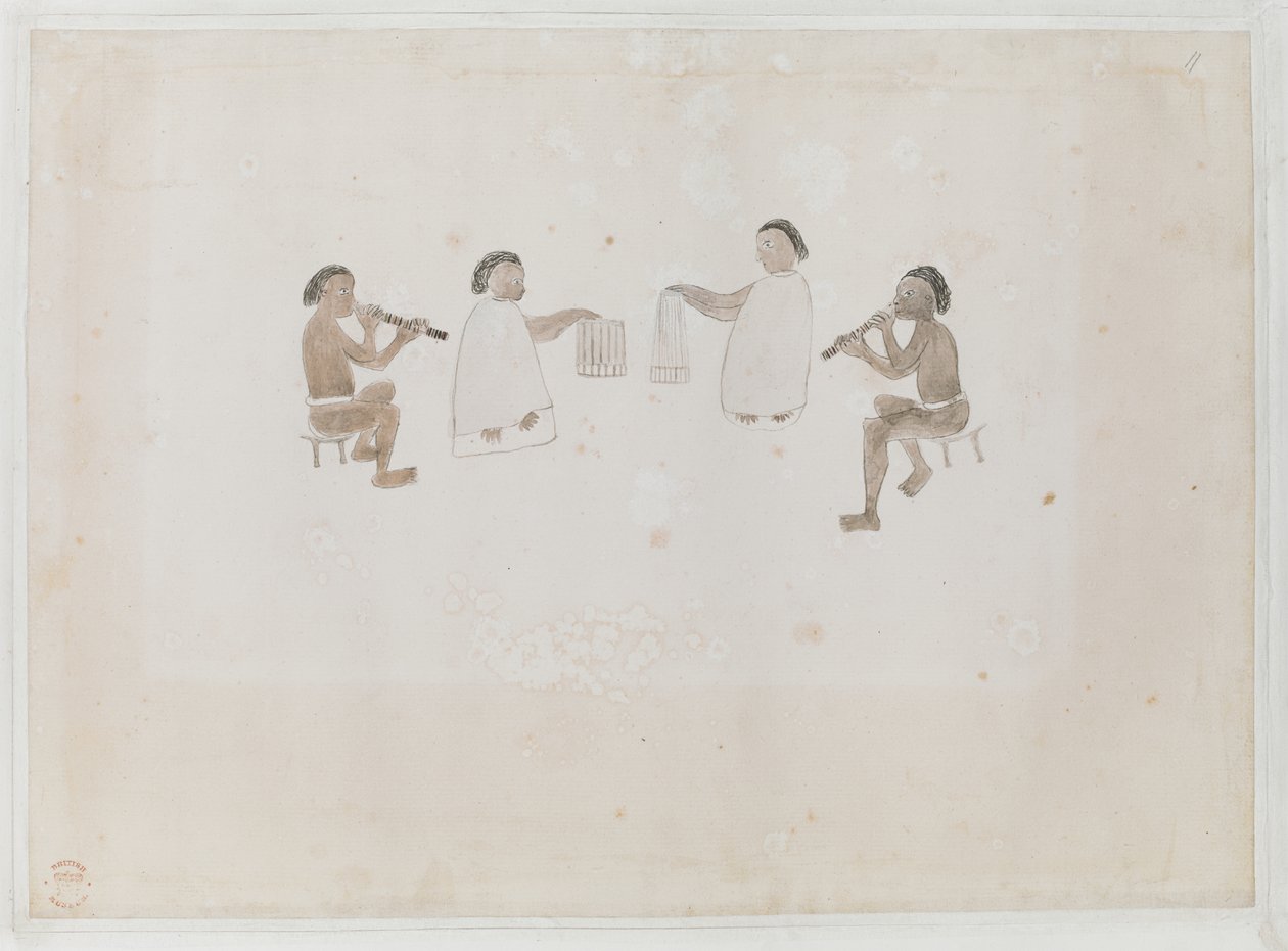Lisää MS 15508 f.11 Tahitin muusikot, kesäkuu 1770 (akvarelli paperille) tekijältä Tupaia Tupaia