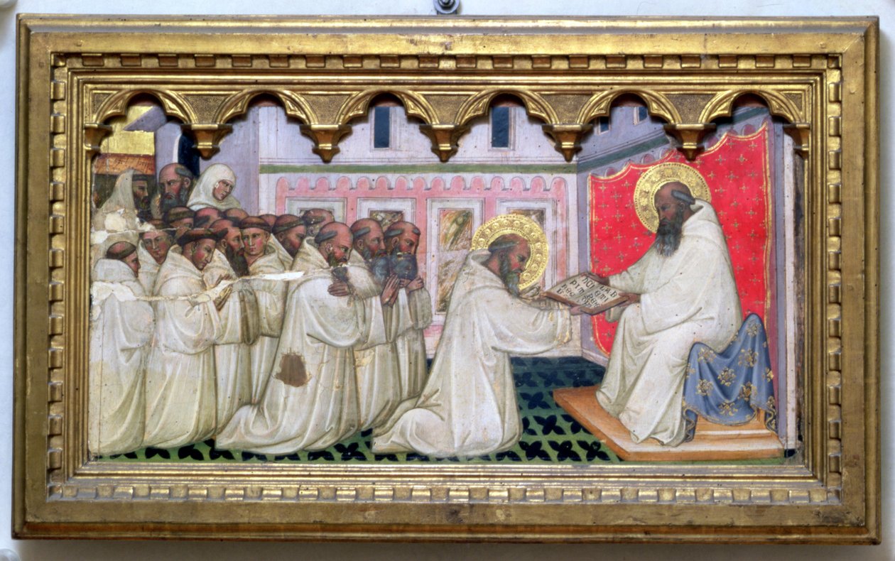 Pyhä Benedictus luovuttaa Uuden Järjestyksen vallan Monte Cassinon munkeille (tempera paneelissa) tekijältä Turino Vanni