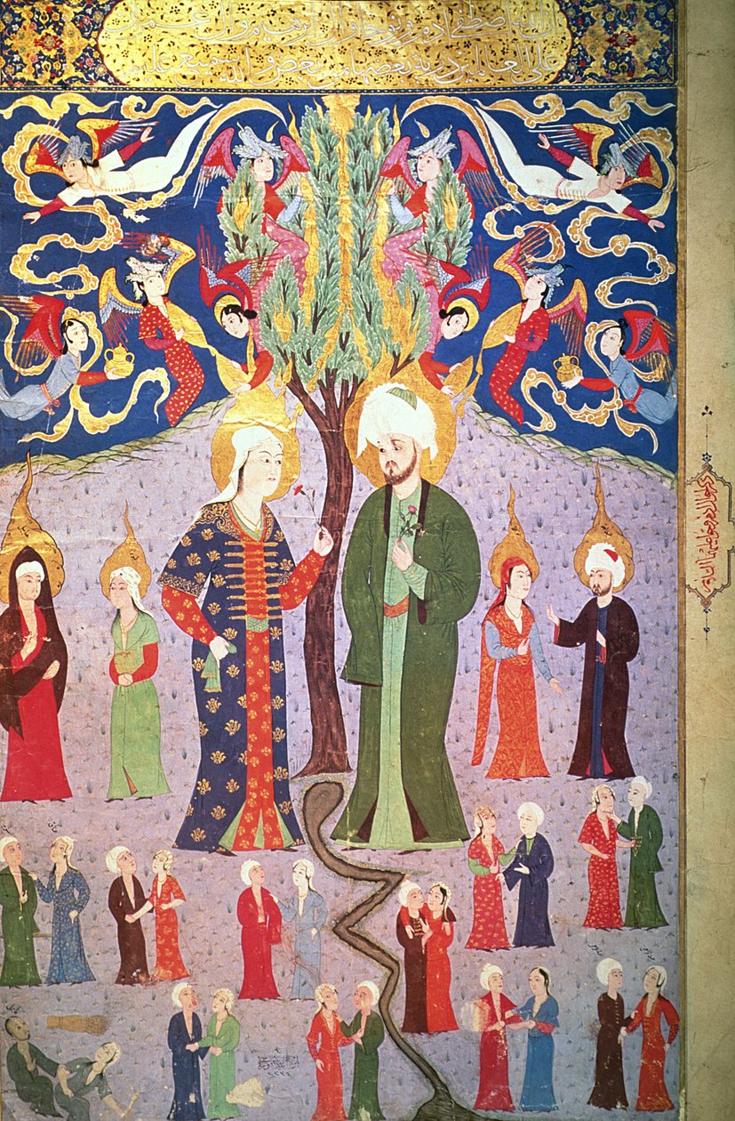 Adam ja Eeva ja heidän kolmetoista kaksostaan, Lokmanin teoksesta Zubdet ut Tevarih, 1583 tekijältä Turkish School