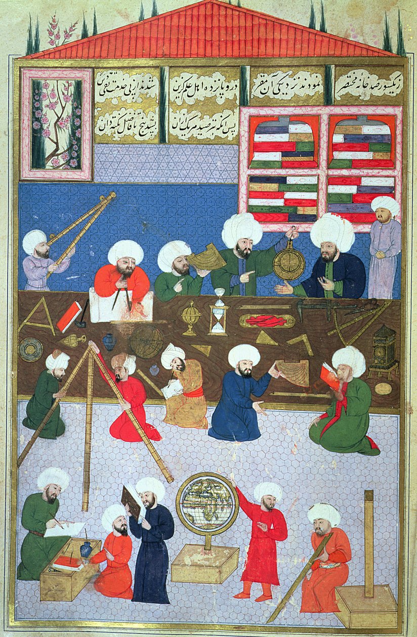FY 1404 Takyuddin ja muut tähtitieteilijät Galatan observatoriossa, jonka sulttaani Suleyman perusti vuonna 1557, Murad III:n Sehinsahnamesta, n. 1581 tekijältä Turkish School