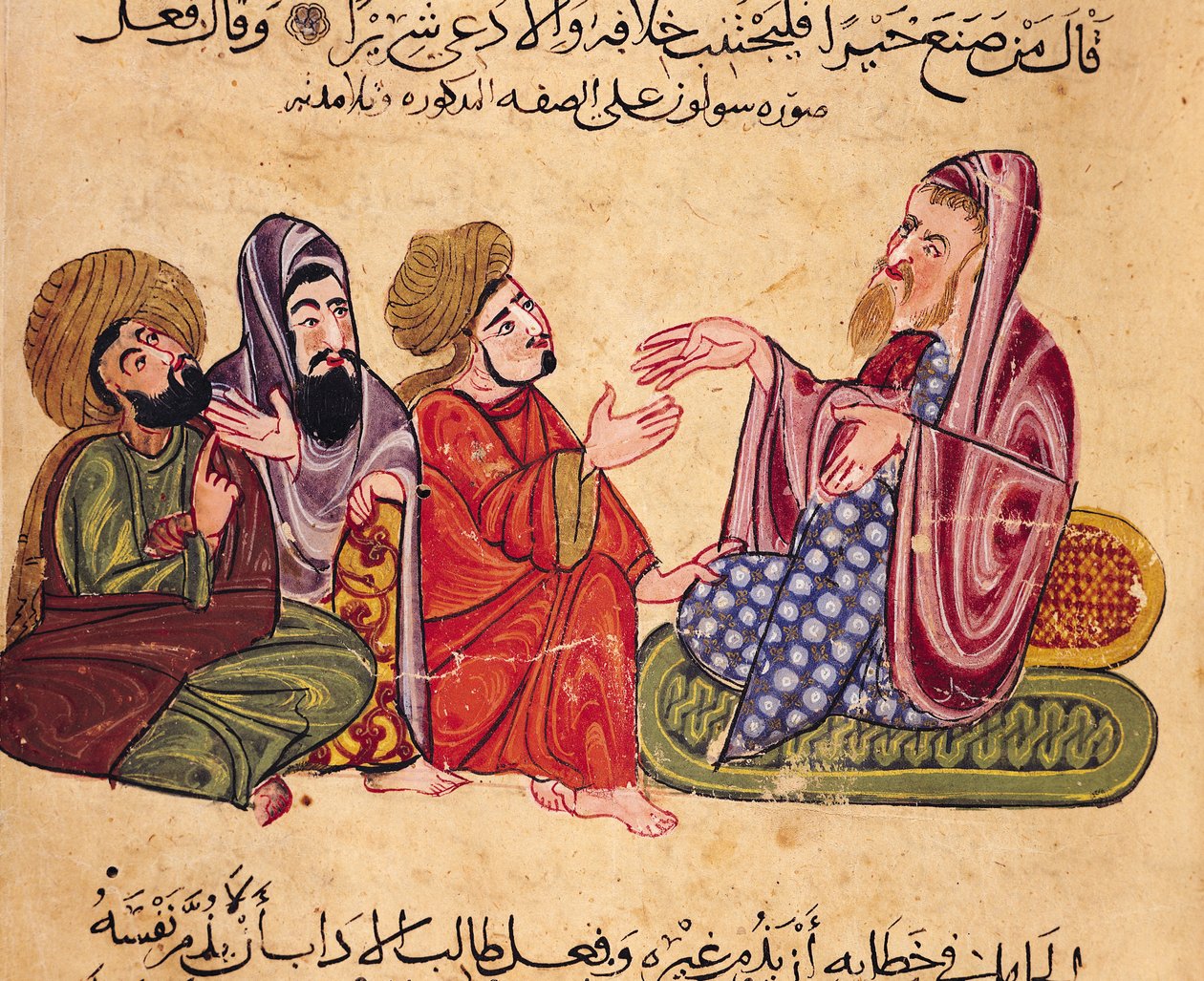MS Ahmed III 3206 Solon (638-559 eKr.) Opetus, kuvitus Al-Mubashirin teoksesta "Kitab Mukhtar al-Hikam wa-Mahasin al-Kilam" (kynä, muste ja guassi paperille) tekijältä Turkish School