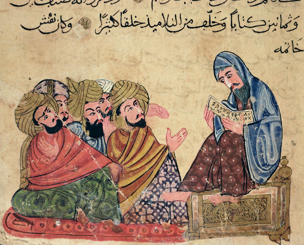 MS Ahmed III 3206 The Philosopher, kuvitus Al-Mubashirin teoksesta "Kitab Mukhtar al-Hikam wa-Mahasin al-Kilam" (kynä ja muste ja guassi paperille) tekijältä Turkish School