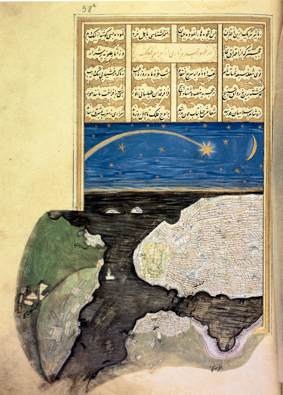 MS FY 1404 f.58a, Suuri komeetta Kultaisen sarven yläpuolella Konstantinopolissa, Murad III:n Sehinsahnamesta, n. 1581 tekijältä Turkish School
