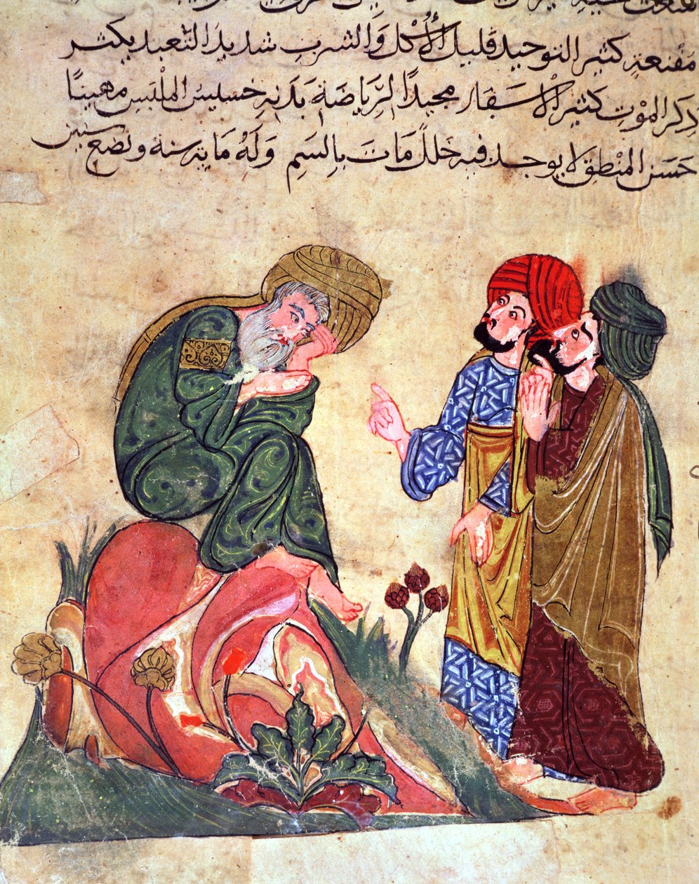 Sokrates (470-399 eKr.) ja hänen oppilaansa, kuvitus Al-Mubashirin teoksesta "Kitab Mukhtar al-Hikam wa-Mahasin al-Kilam" (kynä, muste ja guassi paperilla) tekijältä Turkish School