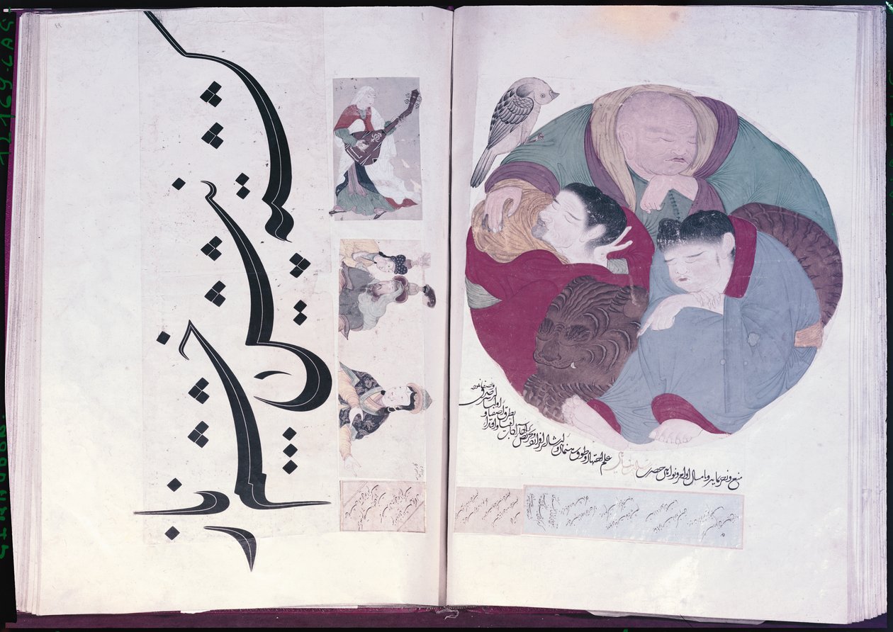 Albumi 2160 Ihmisiä nukkumassa ja kalligrafiaa, miniatyyrialbumista, 1200-1400 tekijältä Turkish School