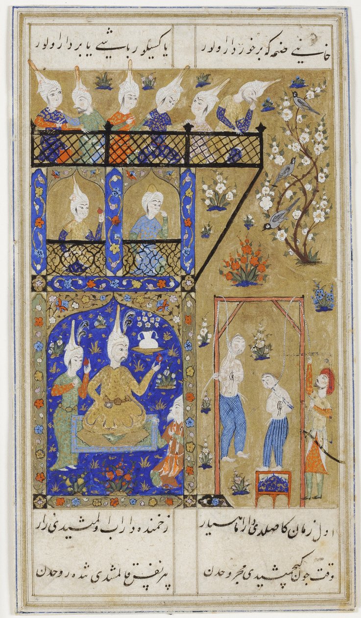 Aleksanteri valvoo petturien teloitusta, noin 1575 (peittävä akvarelli ja kulta paperille). tekijältä Turkish School