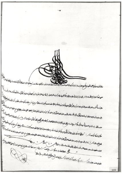 Rene de Chateaubriandille (1768-1848) sulttaani Selim III:n (1761-1808) 14. - 23. syyskuuta 1806 antama asiakirja turvallista kulkua varten (kynä ja muste paperille) tekijältä Turkish School