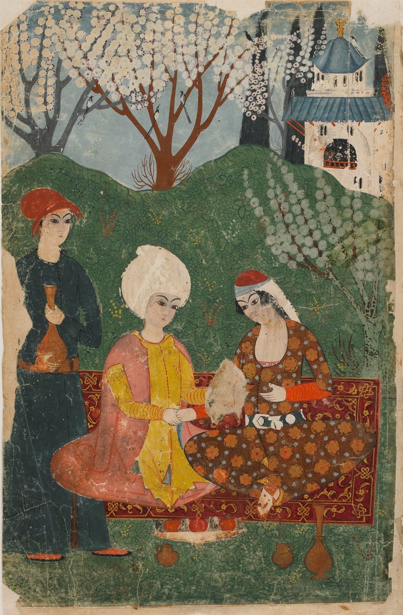 Folio tunnistamattomasta tekstistä; recto: Prinssi ja prinsessa istumassa matolla, Istanbul, n. 1700-25 (läpinäkymätön akvarelli, muste ja kulta paperilla) tekijältä Turkish School