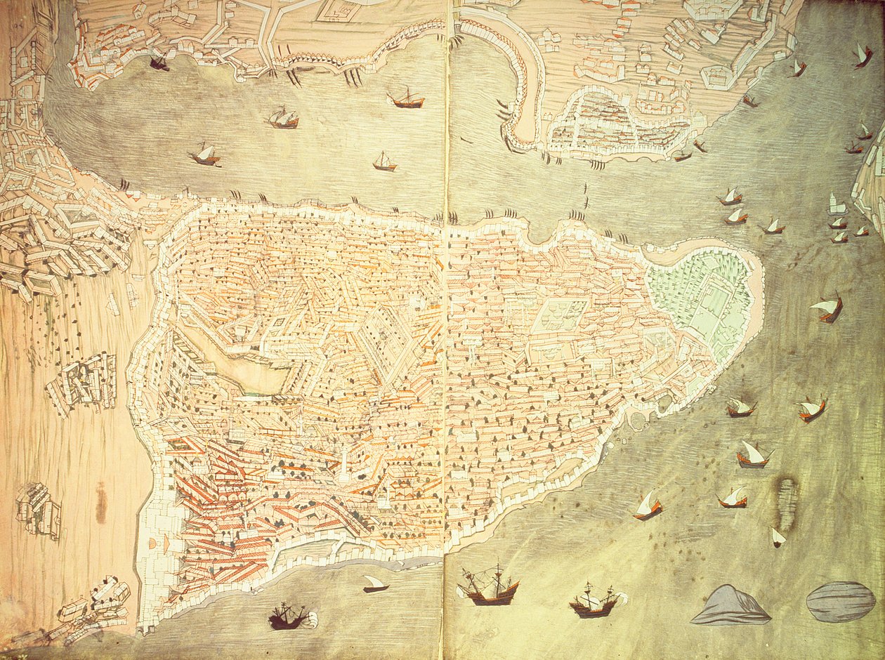 H 1523 fol.158v-159r Näkymä Istanbulista ja Bosporinsalmesta, Lokmanin Hunername-kirjoituksesta, 1558 (kynä, mustetta ja guassi paperilla) (katso yksityiskohdat 181495) tekijältä Turkish School