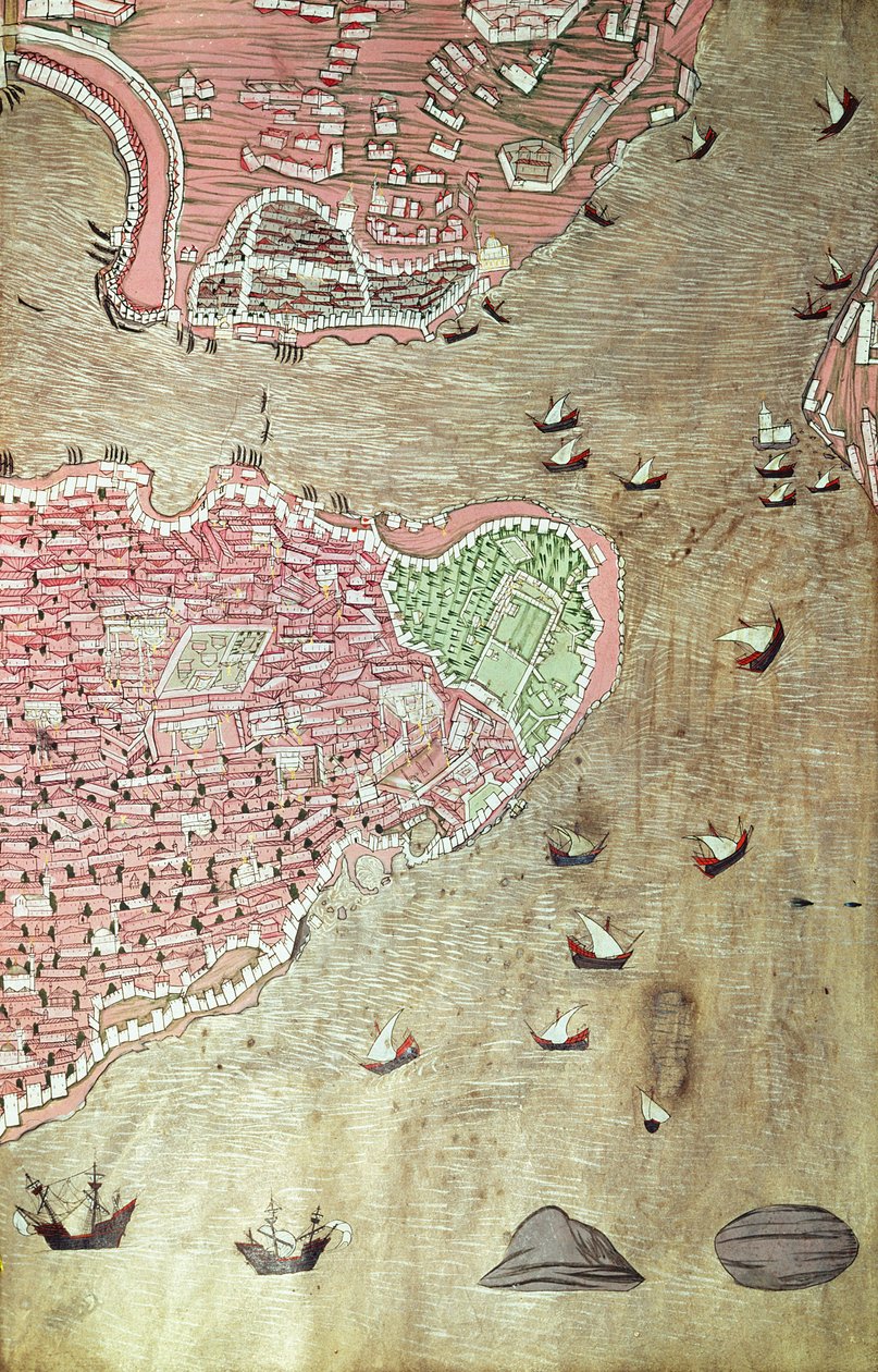 H 1523 fol.159v Näkymä Topkapin palatsille ja Bosporinsalmelle, Istanbul, Lokmanin Hunernamesta, 1558 (kynä & muste ja guassi paperille) (katso myös 229557) tekijältä Turkish School