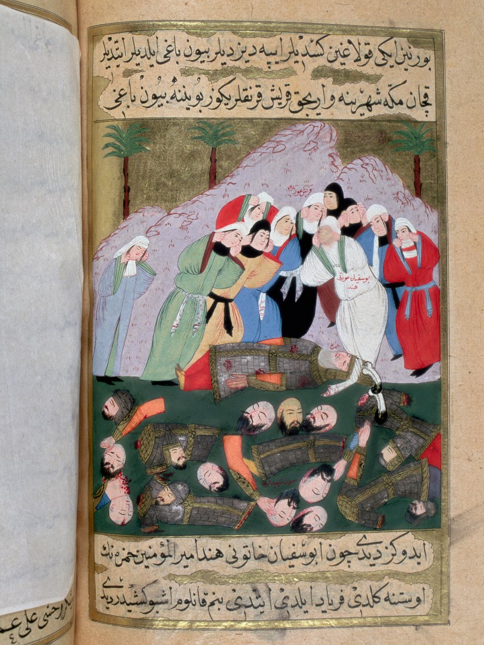 Hind, Muhammedin vihollisen Abu Sufyan ibn Harbin vaimo ja muut Qraichite-naiset valmistautuvat vammautumaan Uhudin (Ohodin) taistelussa kuolleiden muslimien ruumiit ja syömään profeetta Muhammedin (Muhammet, Mohammed) sedän Hanzan maksan tai Muhammed) (57 tekijältä Turkish School