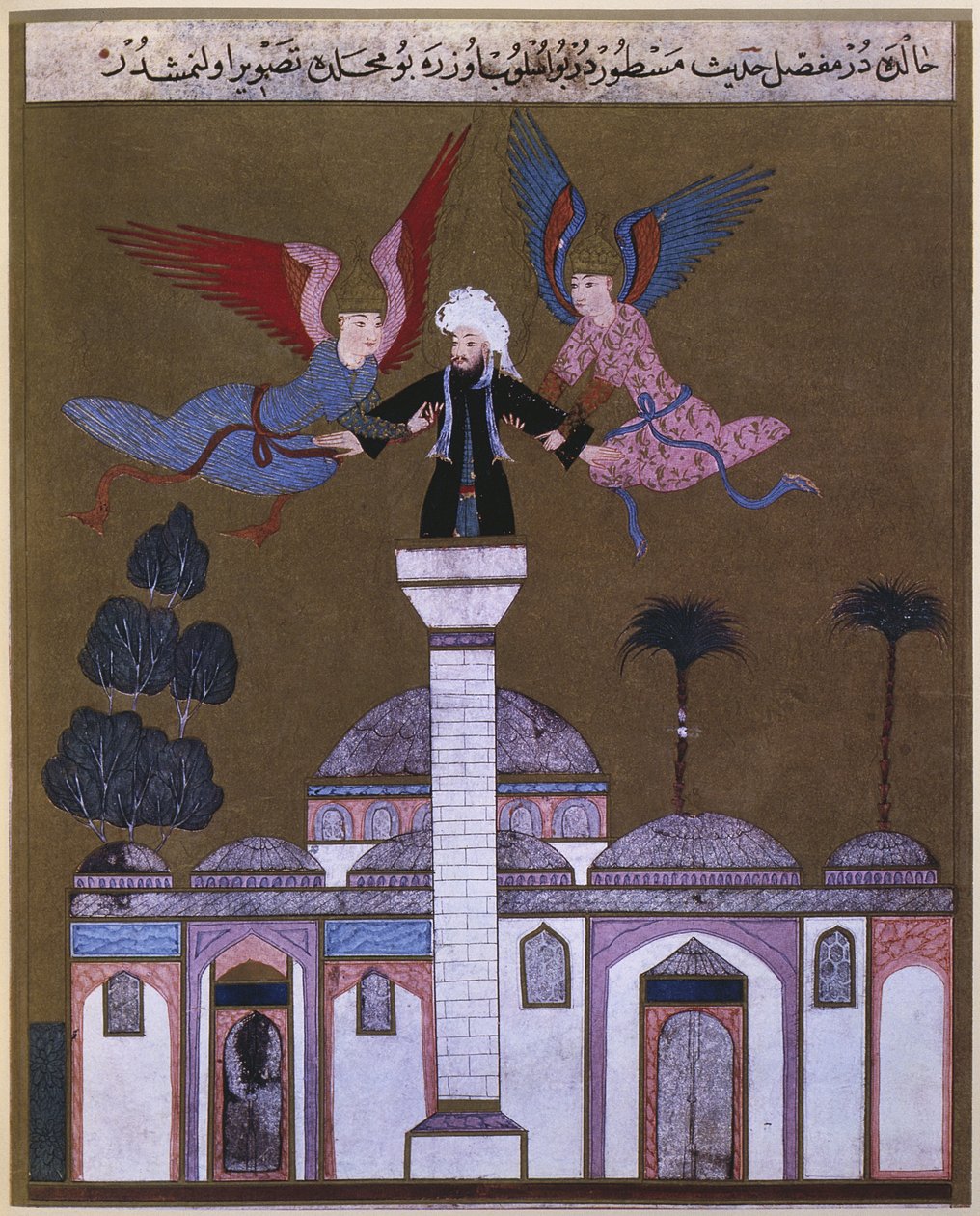 Jeesus Kristus kantoi kaksi enkeliä Damaskoksen moskeijan minareetista, Lokmanin Zubdet ut Tevarihista, 1583 tekijältä Turkish School