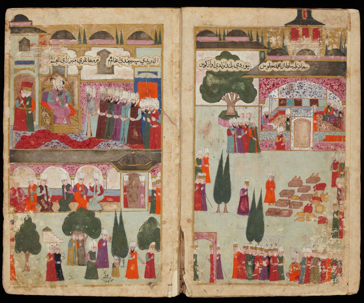 Le couronnement du sultan ottomaanien Mehmet III (1566-1603) au palais Topkapi, en 1595 - Mehmed III:n kruunaus Topkapin palatsissa vuonna 1595 (käsikirjoituksesta Mehmed III:n kampanjasta Unkarissa) - turkkilainen mestari - noin. 1600 - Vesiväri ja muste  tekijältä Turkish School