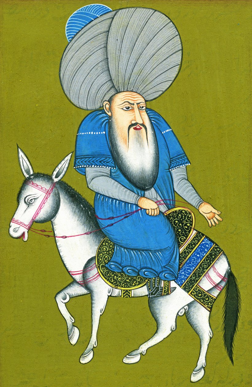 Nasreddin Hodja ratsastaa hevosella taaksepäin (akvarelli paperille) tekijältä Turkish School