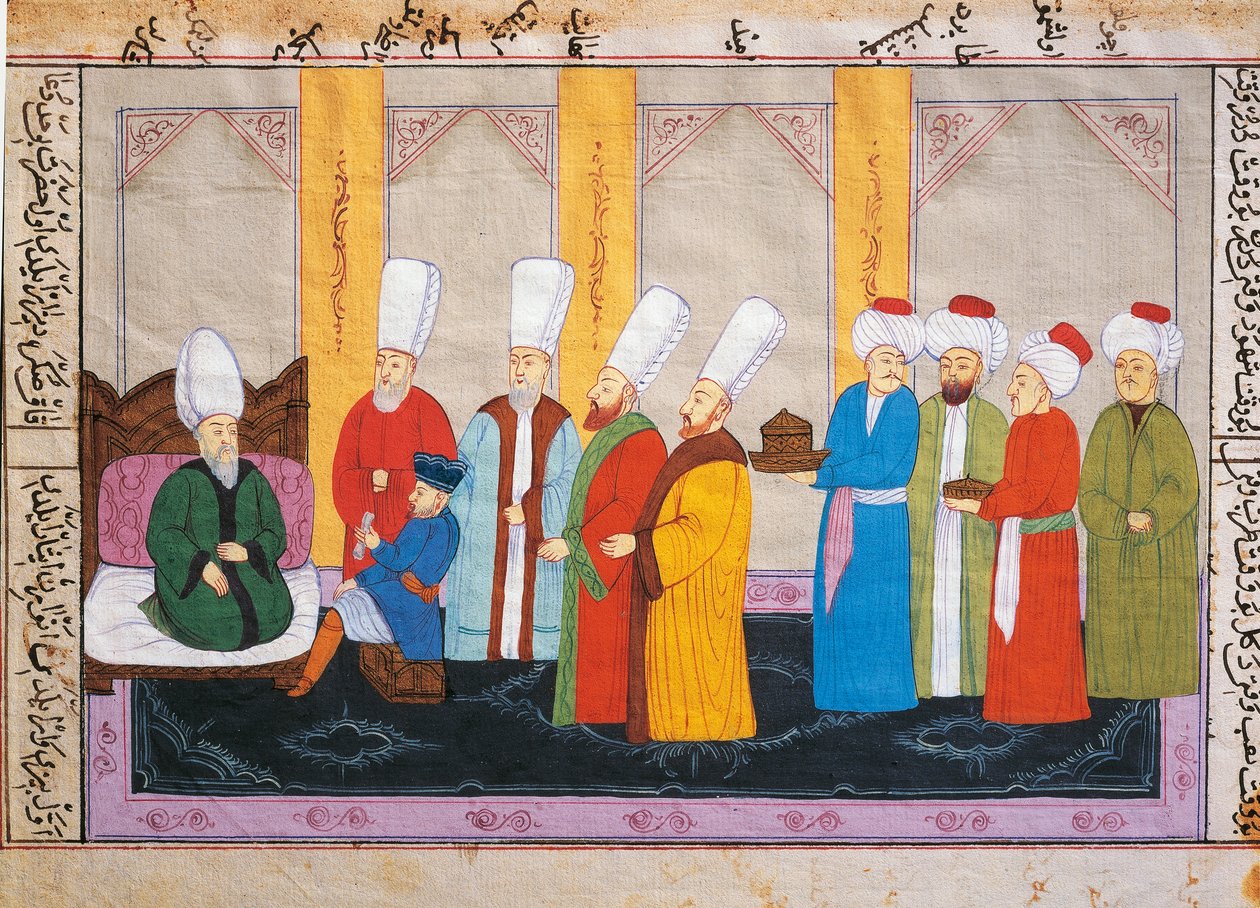 Ottomaanien miniatyyri, joka kuvaa Euroopan suurlähettilästä Topkapin palatsin hovissa, käsikirjoitus, Turkki tekijältä Turkish School