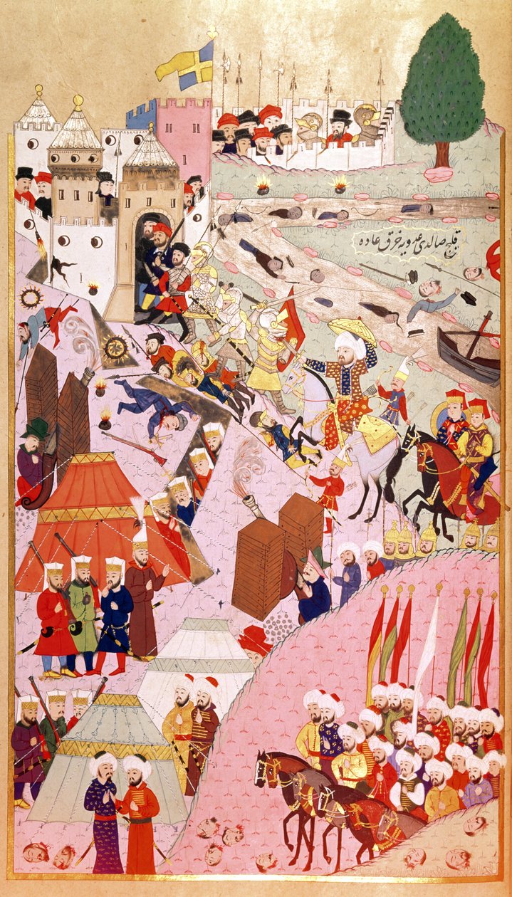 Sulttaani Mehmet II:n hyökkäys Belgradiin "Valloittaja" (1432-1481), teoksesta "Hunernama" (Ms Hazine. 1524) tekijältä Turkish School