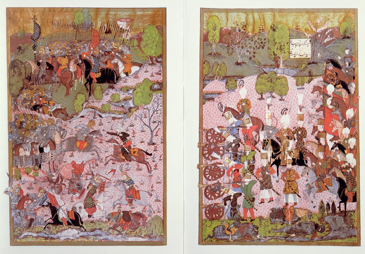 Mohacin taistelu turkkilaisten ja unkarilaisten välillä, 1526, faksimile Istanbulin Topkapi-museossa säilytetystä miniatyyrist tekijältä Turkish School