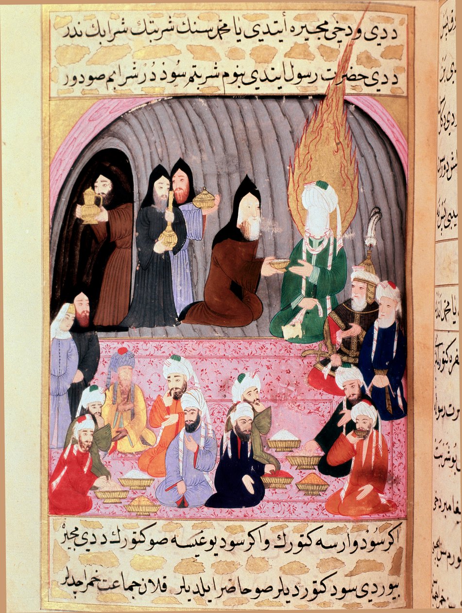 Profeetta Muhammed (Muhammad tai Muhammad) (570-632) (peitetty kasvot) Syyriaan matkalla toivottaa tervetulleeksi kristityt munkit, jotka tarjoilevat hänelle 1700-luvun turkkilaisen miniaterian. Topkapi-museo, Istanbul Turkki tekijältä Turkish School