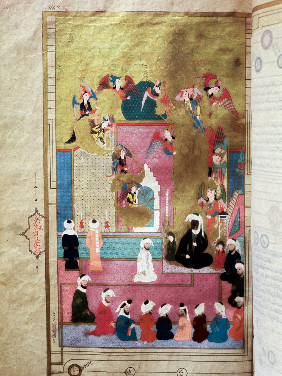 Profeetta Muhammad (Mohammed tai Muhammad) (570-632) (kasvot peitettynä) Miracin aikana, hänen nousunsa seitsemännelle taivaalle Pienoiskuva historioitsija Seyyid Loqman Ashurin käsikirjoituksesta "Zubdat al-Tawarikh" (tai Zubdat al Tawarikh) Murad III:n r tekijältä Turkish School
