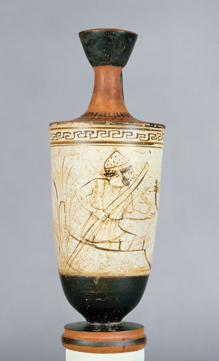 Ullakkovalkoinen lekythos, joka on koristeltu Charonilla, alamaailman lauttajalla, joka vastaanottaa kuolleen ihmisen sielun, Ateenasta, n. 475-425 eKr. (keramiikka) tekijältä Tymbos Painter