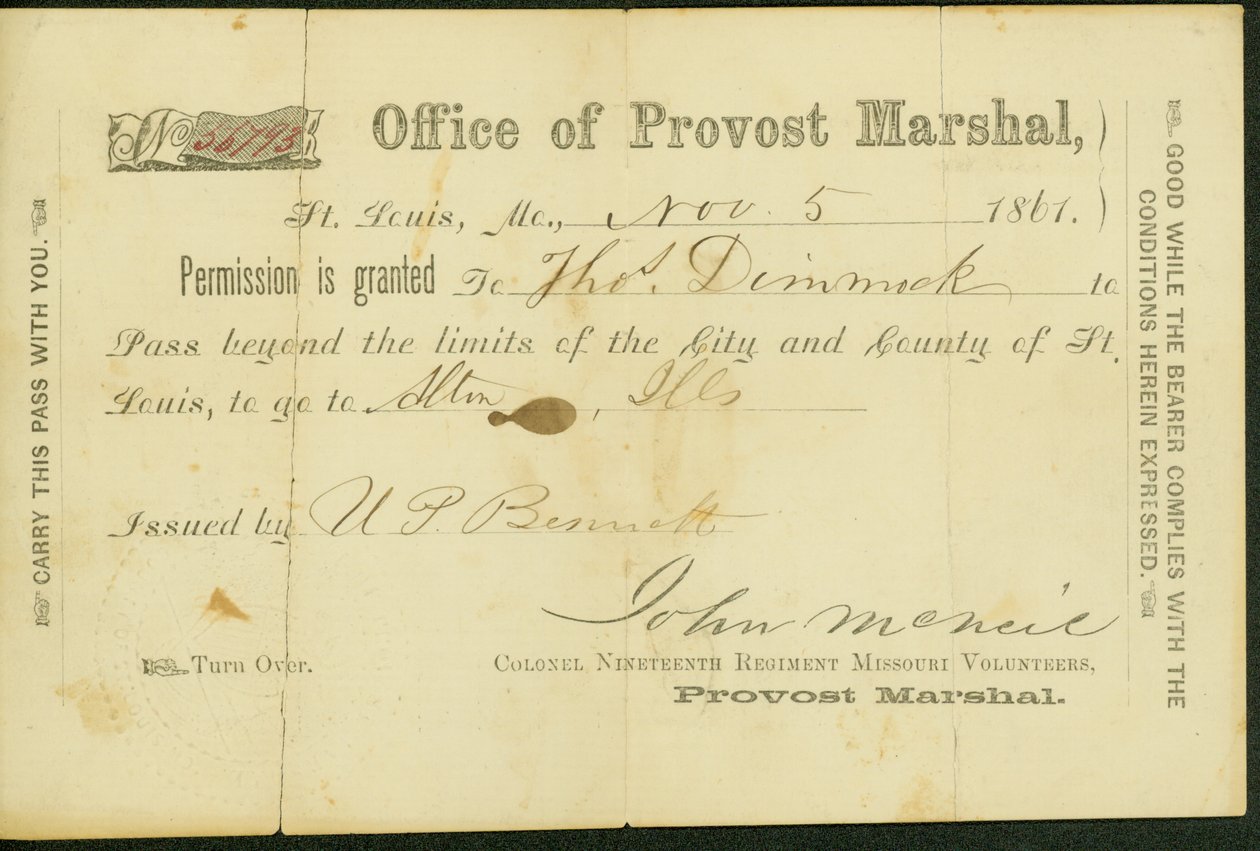 Thomas Dimmockin sotilaspassi, allekirjoitettu U.P Bennett, 5. marraskuuta 1861 tekijältä U. P. Bennett