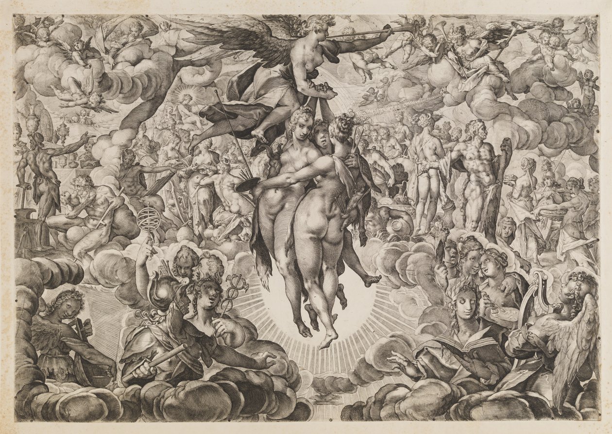 Maalaus, veistos ja arkkitehtuuri, turkkilaisten kieltämä, vedetty Olympukseen tekijältä Ubekendt efter Jan Muller; H. Goltzius; Ae. Sadeler og Lucas Kilian efter Bartholomeus Spranger