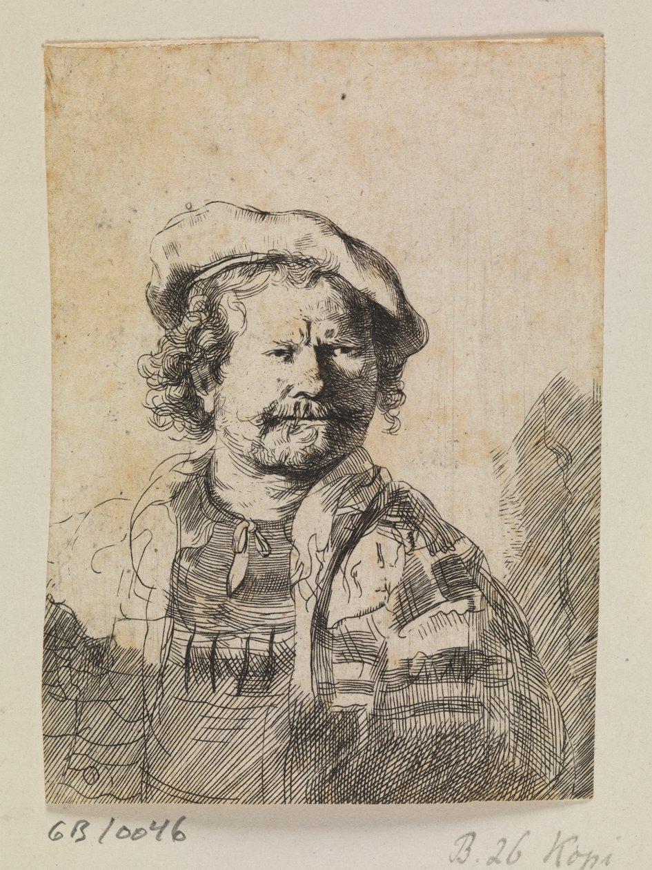 Rembrandt litteässä lippiksessä ja brodeeratussa mekossa tekijältä Ubekendt efter Rembrandt