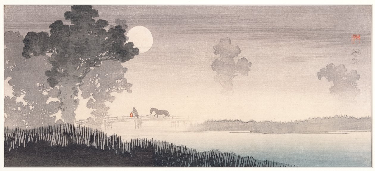 Sumuinen kuutamoinen maisema, 1895-1910 (puupalikka) tekijältä Uehara Konen