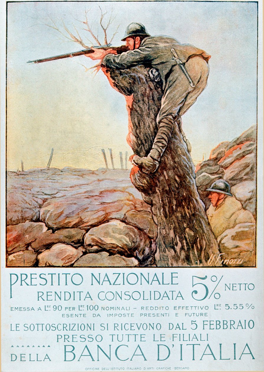 Ensimmäinen maailmansota: italialainen juliste, joka kannustaa ottamaan lainaa. Kuvitus Ugo Finozzi (1900-luku). 1914-1918 Huomio! Tämän teoksen käyttö voi edellyttää lupapyyntöä kolmannelta osapuolelta tai lisämaksujen maksamista tekijältä Ugo Finozzi