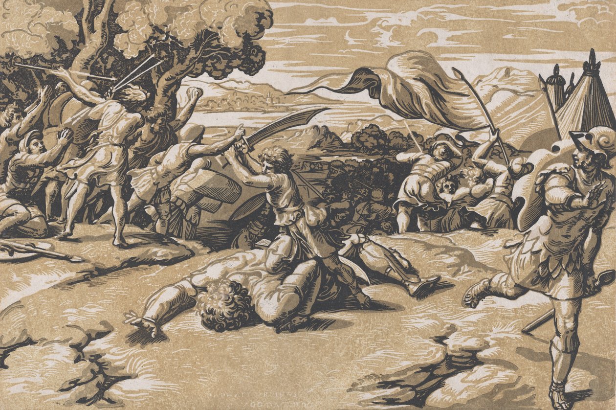 Daavid ja Goljat, n. 1520-27. tekijältä Ugo da Carpi