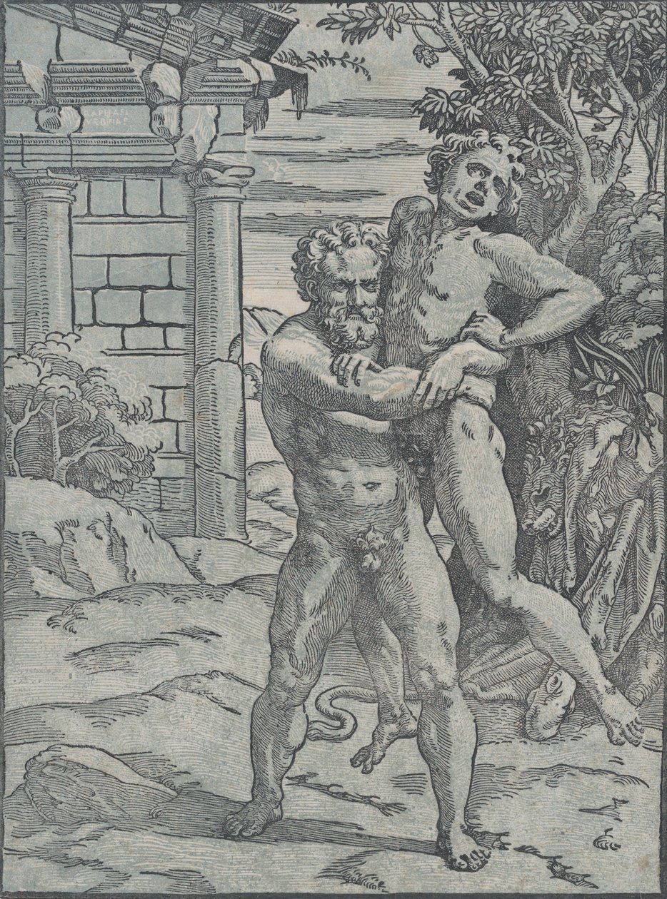 Hercules ja Antaeus, n. 1517-18. tekijältä Ugo da Carpi