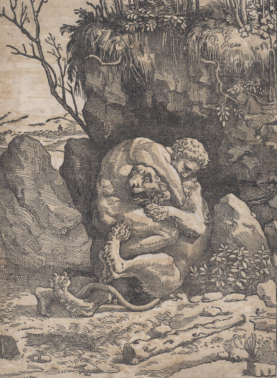 Hercules ja Nemean-leijona, n. 1517-18. tekijältä Ugo da Carpi