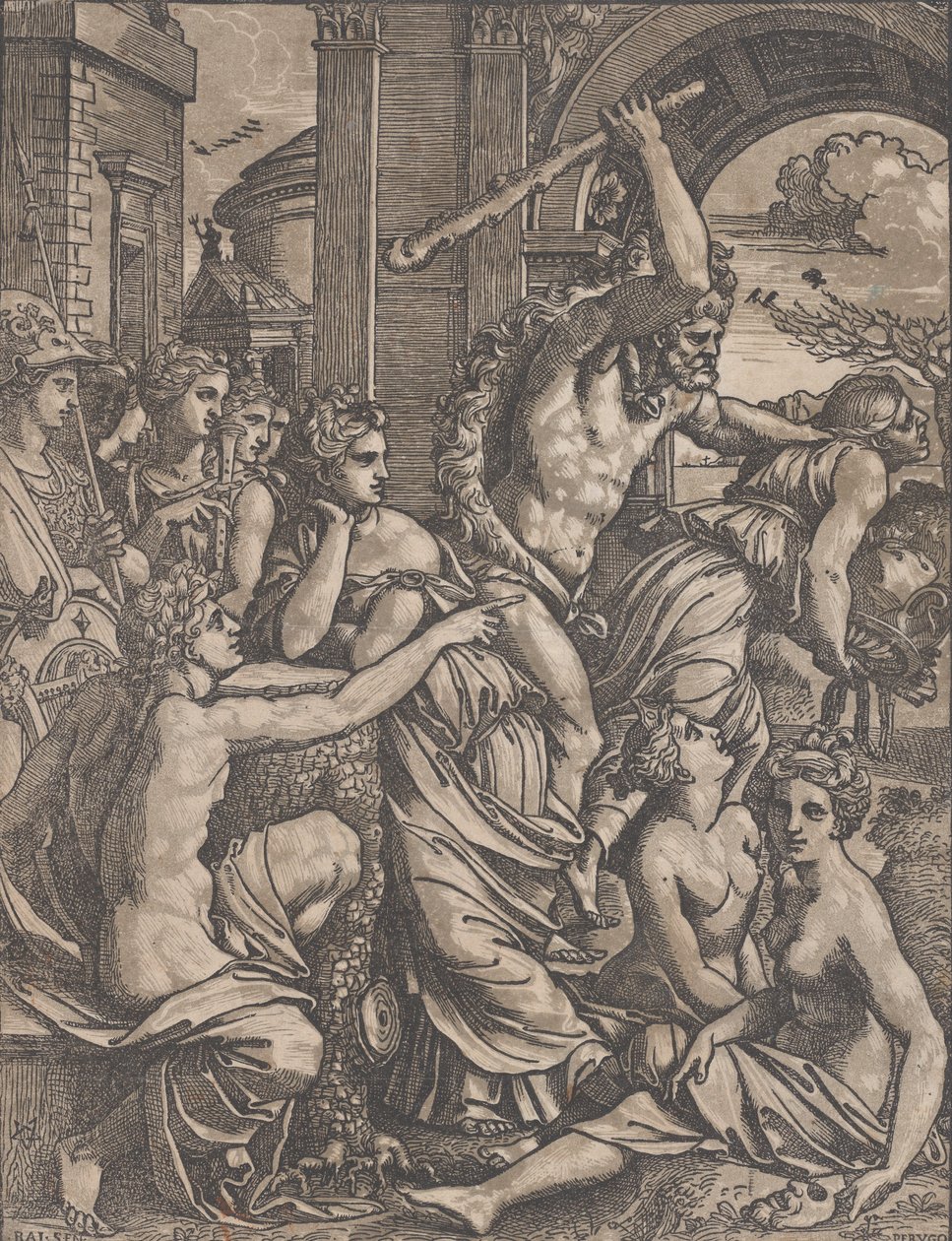Hercules jahtaa Ahneutta Musien temppelistä, n. 1520-27. tekijältä Ugo da Carpi