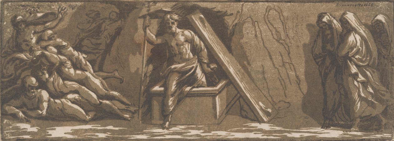 Kristuksen ylösnousemus, n. 1520-27. tekijältä Ugo da Carpi